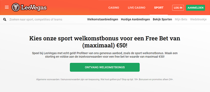 Screenshot LeoVegas.nl sport welkomstbonus